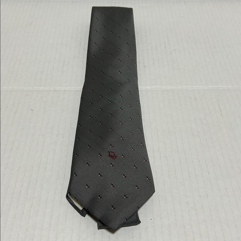 💗NWT Vintage Christian Dior Grey Jacquard Neck Tie Red Dior Logo